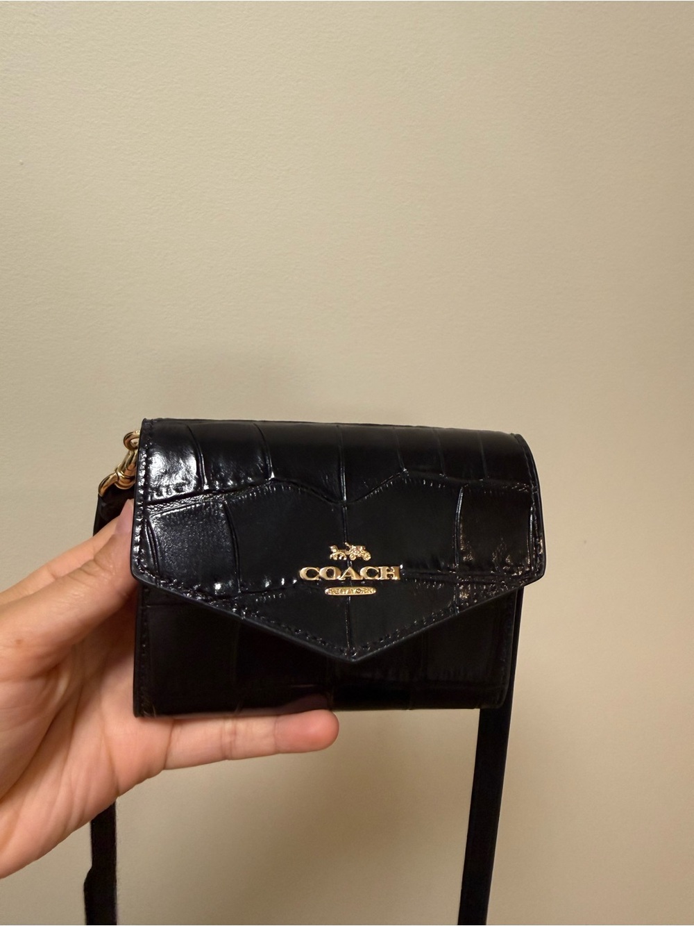 Coach Black Croc-Embossed Leather Crossbody Wallet with Gold Hardware